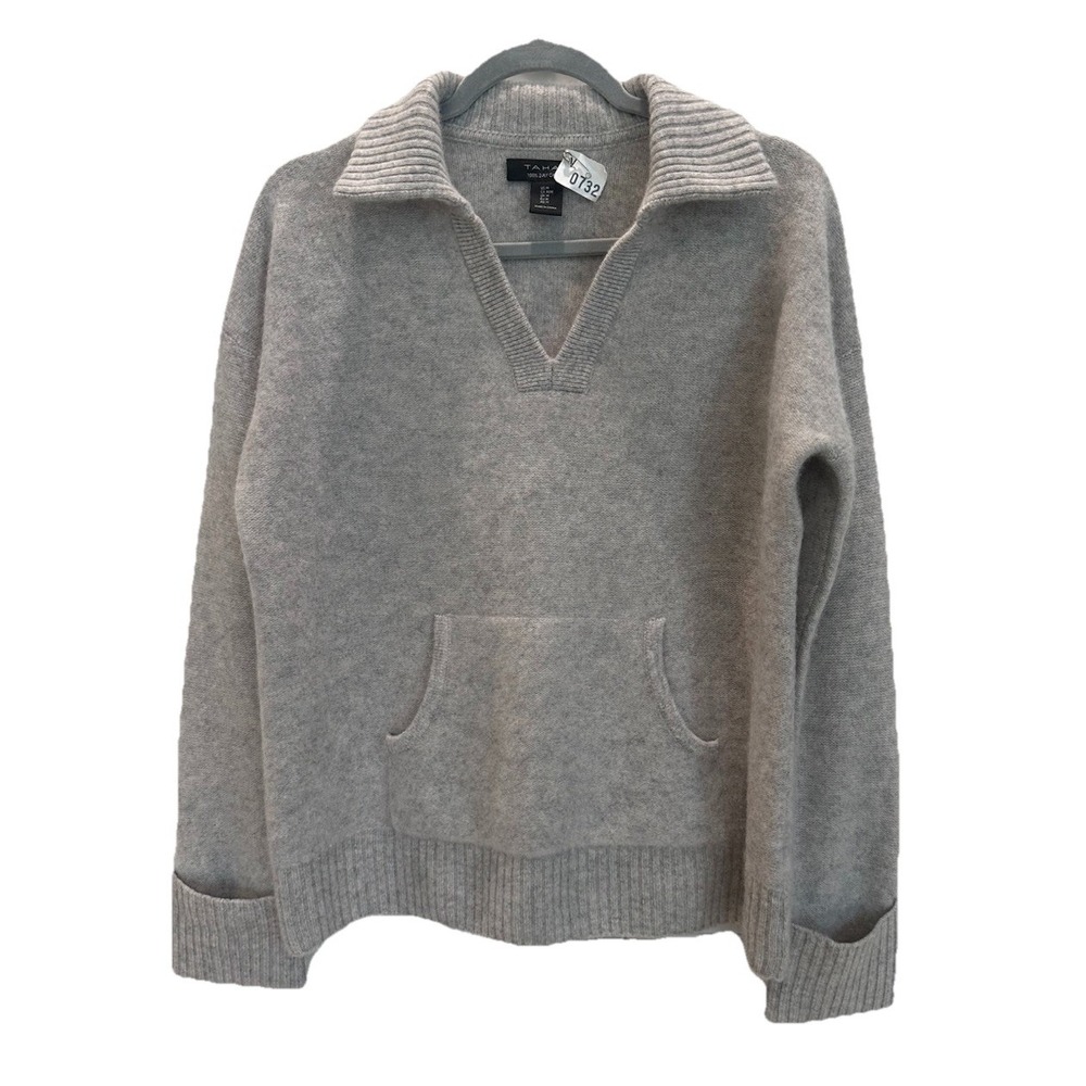 Tahari Women 100% 2-Ply Cashmere Sweater Kangaroo Pocket Beige Thick Soft Size M